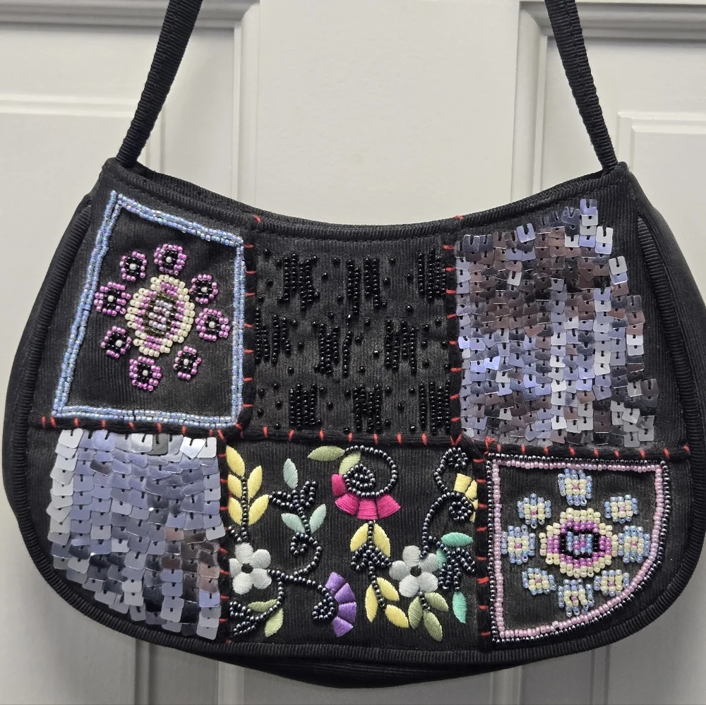 Black Embroidered & Sequin Patch Shoulder Bag